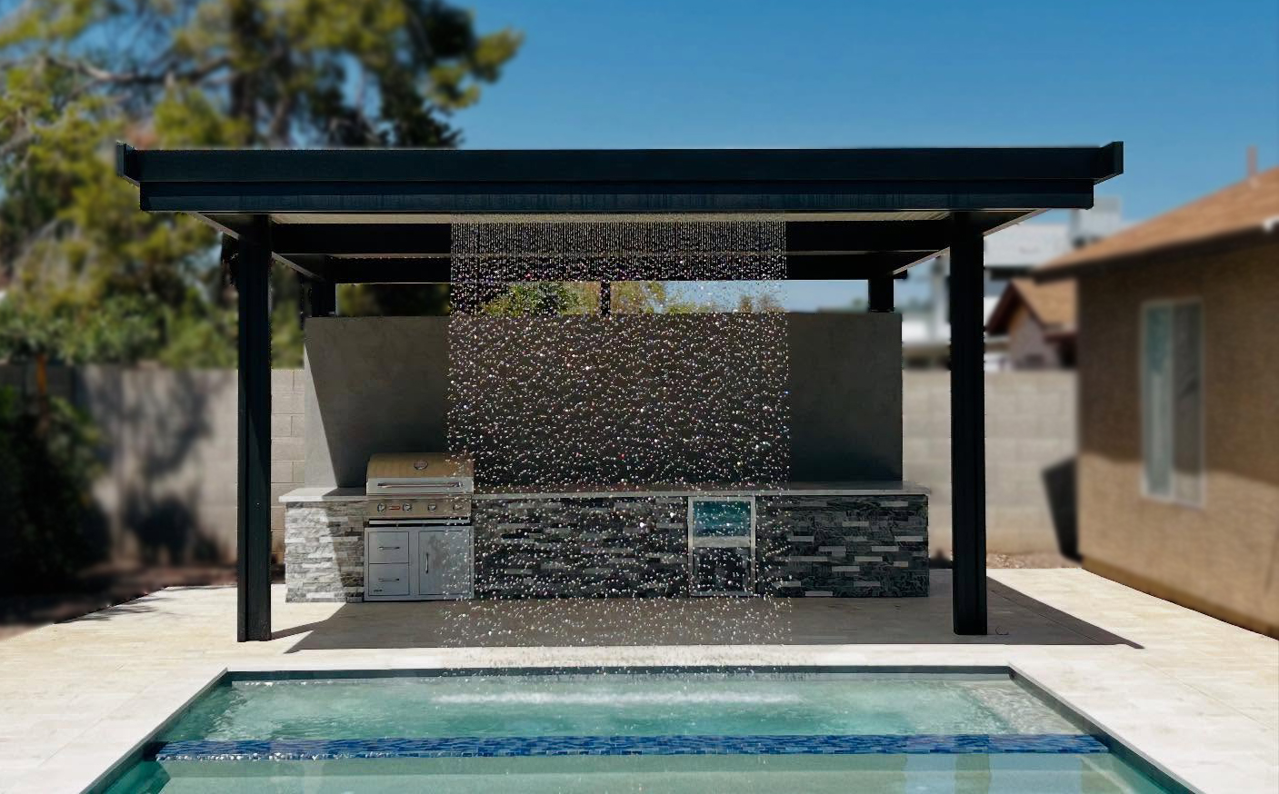pool with waterfall pergola in gilbert az.