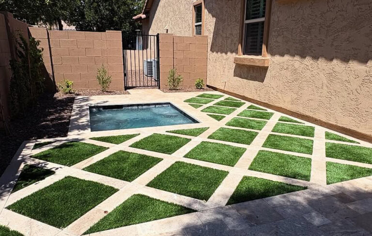 small backyard with small pool and landscaping for a private retreat.