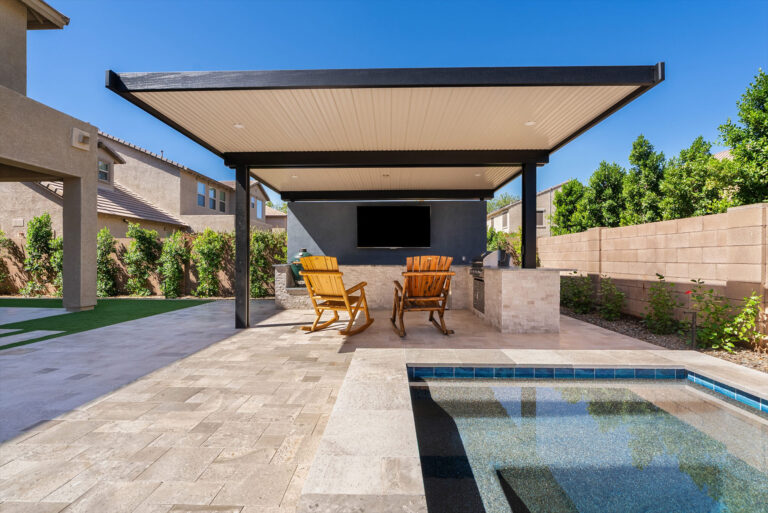 backyard remodel with spa, pergola, outdoor bbq and media wall in gilbert az.