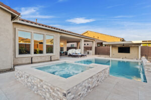 new pool build in queen creek with baja steps, sunken kitchen and spa.
