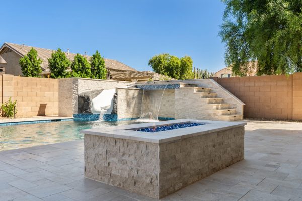 custom pool with firepit built by Patriot Pools in Queen Creek az.